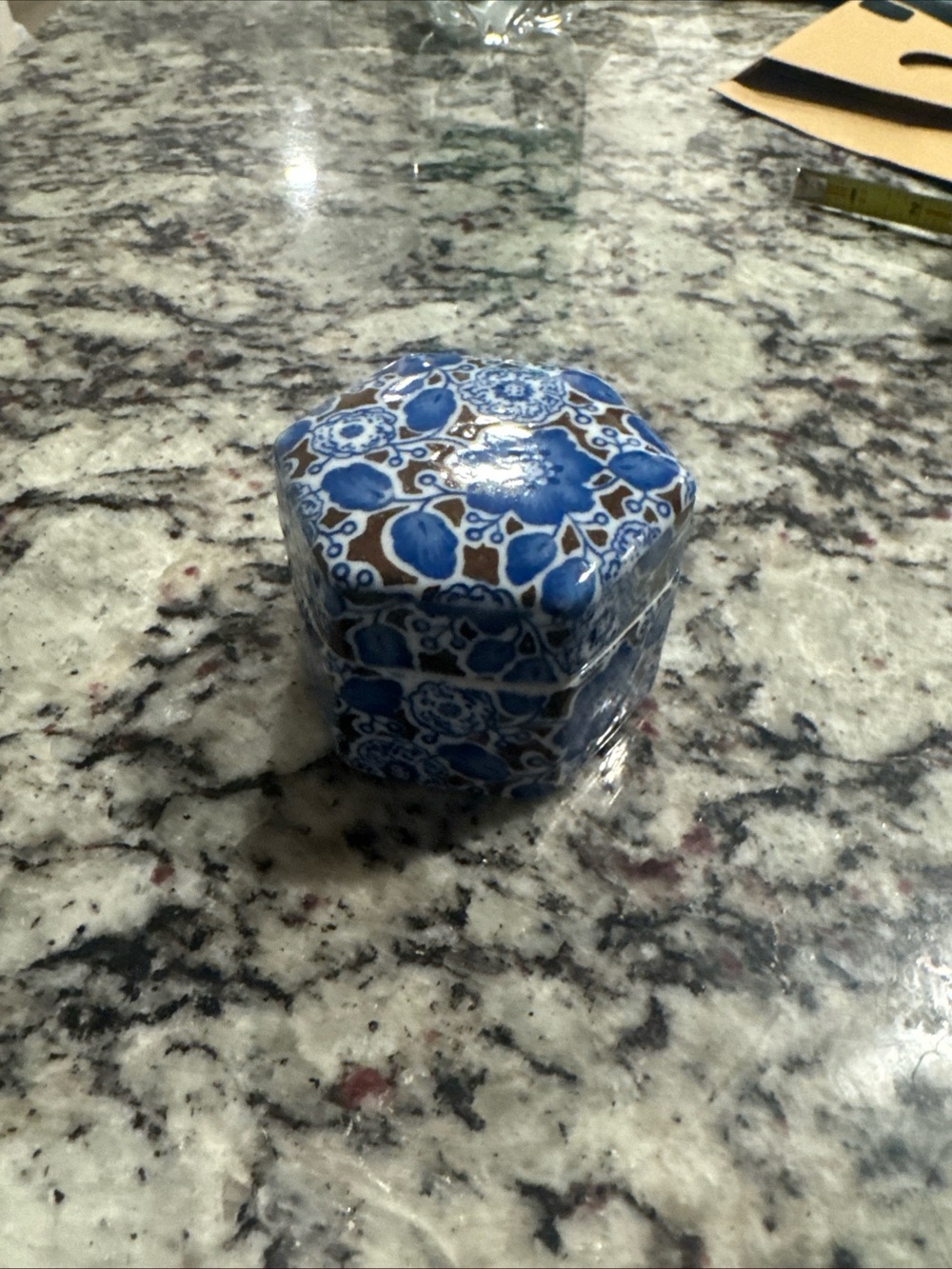 Takahashi Brown Blue & White Flower Trinket Box Art Japan Vintage Hand Painted